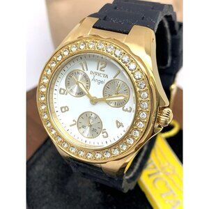 Invicta Women's Watch 1643 Angel Quartz White Dial Gold Black Rubber Band 38mm